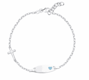 Детска сребърна гривна с кръстче и гравирана плочка Синьо сърце  |  Детски бижута