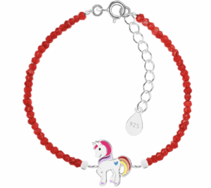 Детска сребърна гривна с кристални камъни Щастлив червен еднорог | HappyMarket.bg Детска сребърна гривна с кристални камъни Щастлив червен еднорог | Детски бижута
