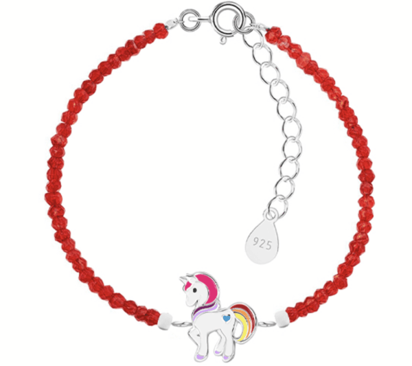 Детска сребърна гривна с кристални камъни Щастлив червен еднорог | HappyMarket.bg Детска сребърна гривна с кристални камъни Щастлив червен еднорог | Детски бижута