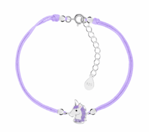 Детска сребърна гривна с лилав конец Лилав еднорог