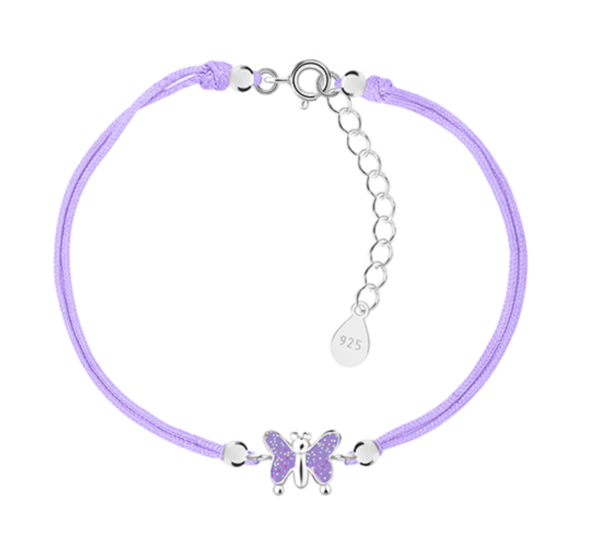 Детска сребърна гривна с лилав конец Лилава пеперуда  |  Детски бижута