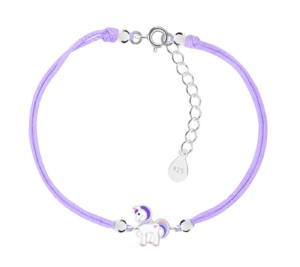 Детска сребърна гривна с лилав конец Щастлив лилав еднорог | HappyMarket.bg Детска сребърна гривна с лилав конец Щастлив лилав еднорог | Детски бижута