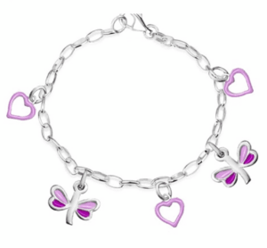 Детска сребърна гривна с лилави висулки Пеперуди и Сърца | HappyMarket.bg Детска сребърна гривна с лилави висулки Пеперуди и Сърца | Детски бижута