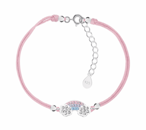 детска сребърна гривна с розов конец и блестяща дъга