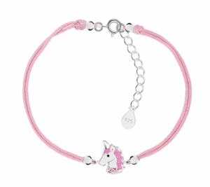 Детска сребърна гривна с розов конец Розов еднорог  |  Детски бижута