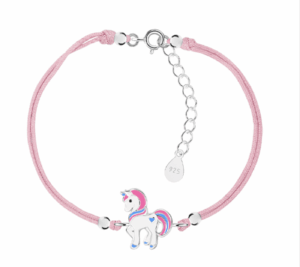 Детска сребърна гривна с розов конец Щастлив розов еднорог  |  Детски бижута