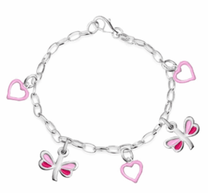 Детска сребърна гривна с висулки Пеперуди и Сърца