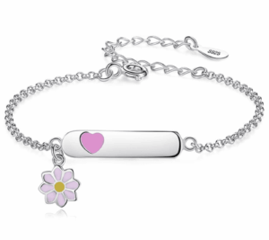 Детска сребърна гривна с плочка за гравиране и висулка цвете | HappyMarket.bg Детска сребърна гривна с плочка за гравиране и висулка цвете | Детски бижута