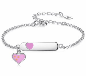 Детска сребърна гривна с плочка за гравиране и висулка сърце  |  Детски бижута