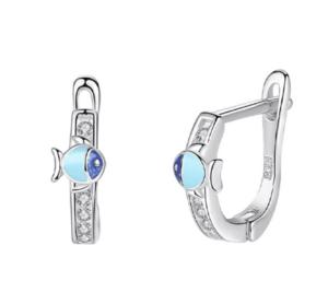 Детски сребърни обеци Сини рибки, английско закопчаване  |  Детски бижута