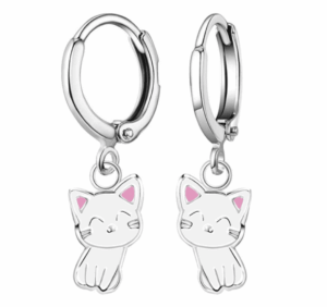Детски сребърни обеци Бели котенца, английско закопчаване - Image 1