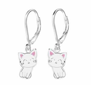 Детски сребърни обеци Бели котенца, тип лостче  |  Детски бижута