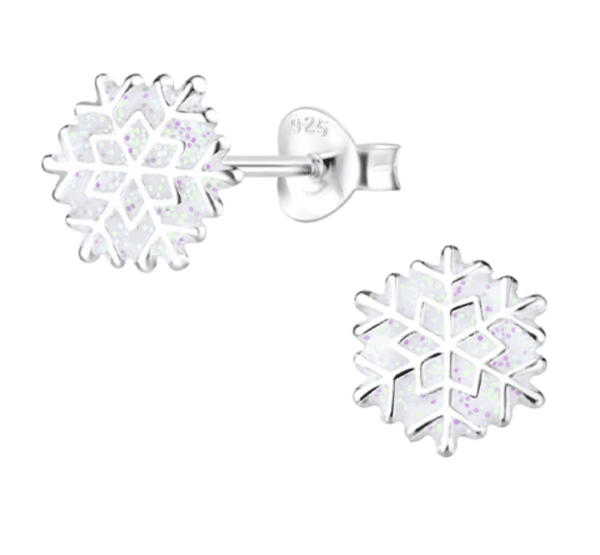 Детски сребърни обеци Бели снежинки, тип винт  |  Детски бижута