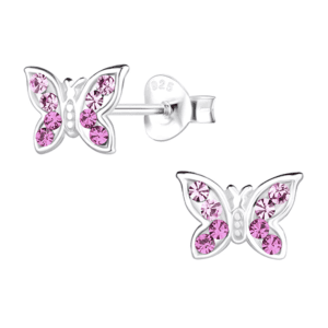 Детски сребърни обеци Блестяща розова пеперуда, тип винт
