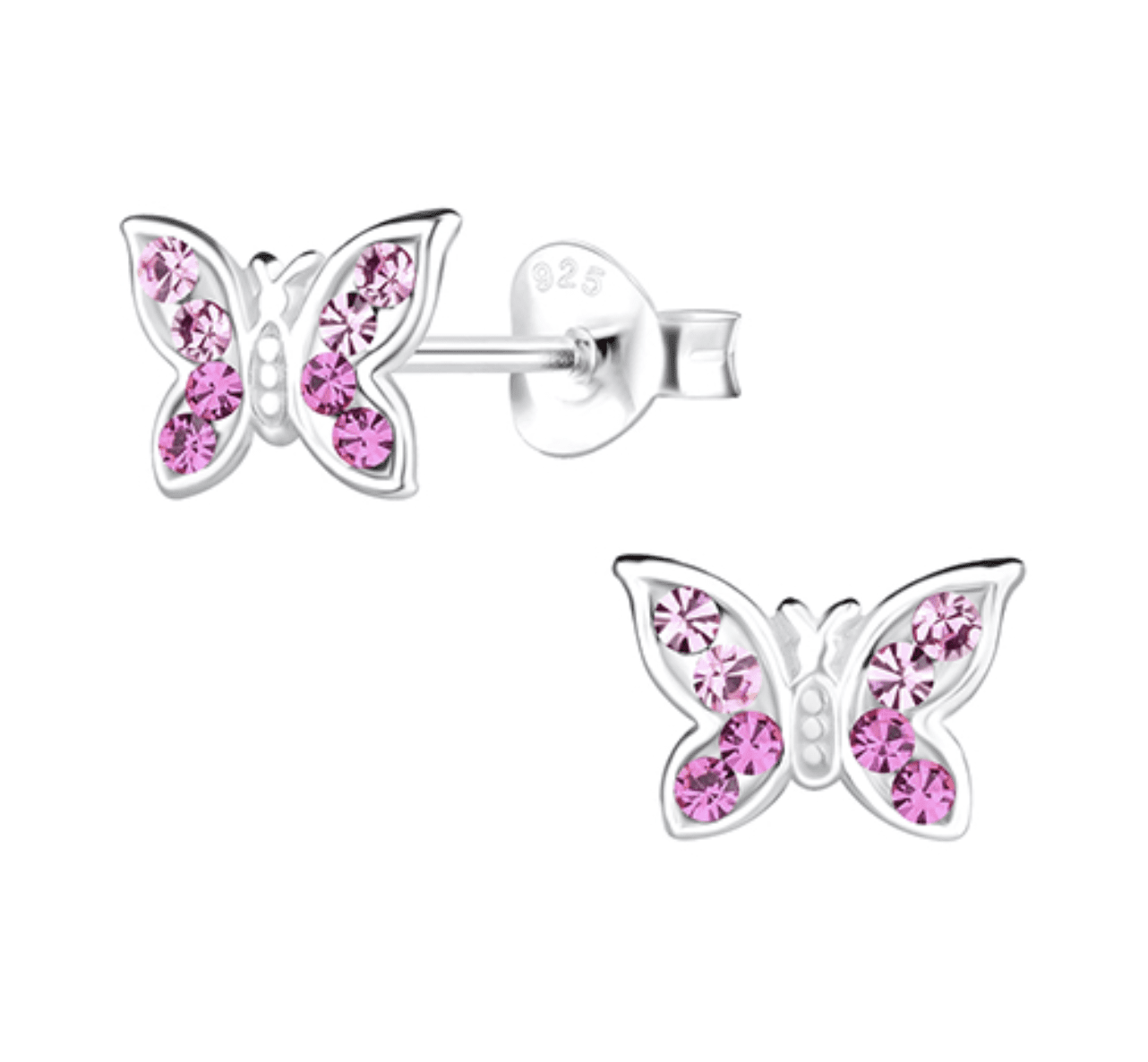 Детски сребърни обеци Блестяща розова пеперуда, тип винт