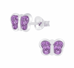 Детски сребърни обеци Блестящи лилави пеперуди, тип винт