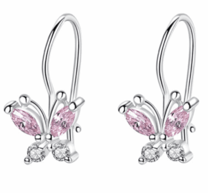 Детски сребърни обеци Блестящи пеперуди, бъбреково закопчаване  |  Детски бижута