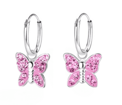 Детски сребърни обеци Блестящи розови пеперуди, тип халка