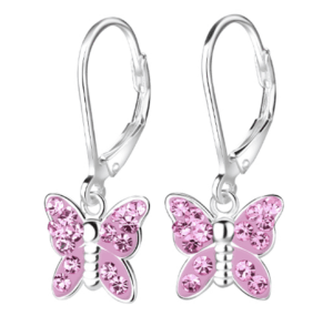 Детски сребърни обеци Блестящи розови пеперуди, тип лостче - Image 1
