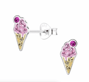 Детски сребърни обеци Блестящи розови сладоледи, тип винт  |  Детски бижута