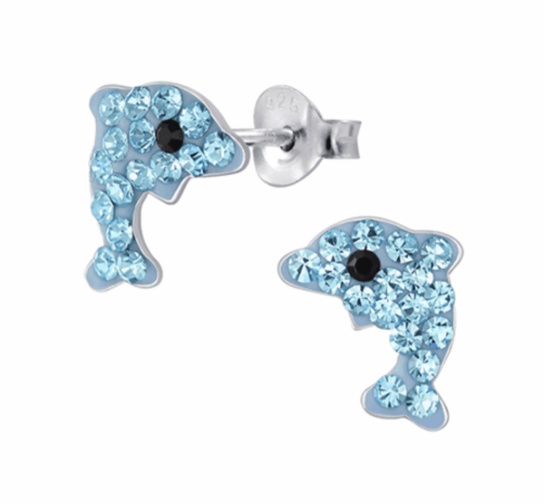 Детски сребърни обеци Блестящи сини делфини, тип винт | HappyMarket.bg Детски сребърни обеци Блестящи сини делфини, тип винт | Детски бижута