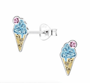 Детски сребърни обеци Блестящи сини сладоледи, тип винт  |  Детски бижута