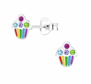 Детски сребърни обеци Блестящо цветно кексче, тип винт  |  Детски бижута