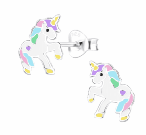 Детски сребърни обеци Еднорог, тип винт