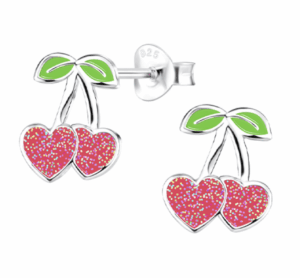 Детски сребърни обеци Черешки сърца, тип винт | HappyMarket.bg Детски сребърни обеци Черешки сърца, тип винт | Детски бижута