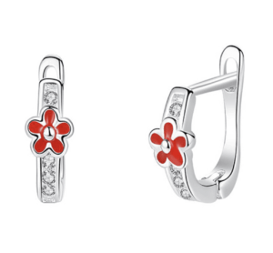 Детски сребърни обеци Червено цвете, английско закопчаване  |  Детски бижута