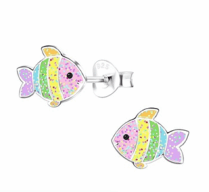 Детски сребърни обеци Цветни рибки, тип винт