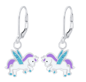 Детски сребърни обеци Еднорог с крила, тип лостче