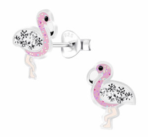 Детски сребърни обеци Фламинго, тип винт