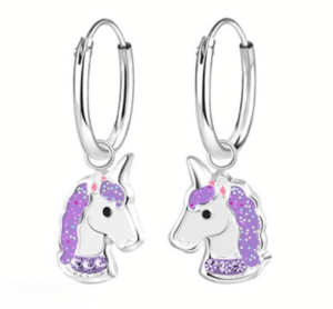 Детски сребърни обеци Лилав еднорог, тип халка  |  Детски бижута