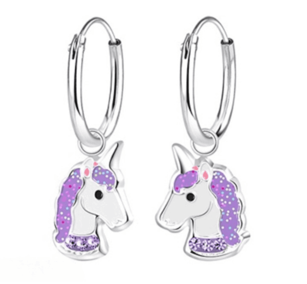 Детски сребърни обеци Лилав еднорог, тип халка | HappyMarket.bg Детски сребърни обеци Лилав еднорог, тип халка | Детски бижута