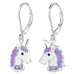 Детски сребърни обеци Лилав еднорог, тип лостче  |  Детски бижута