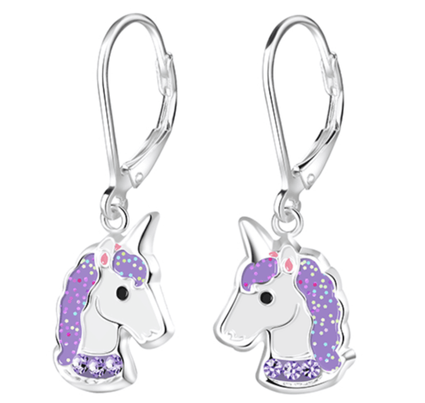 Детски сребърни обеци Лилав еднорог, тип лостче  |  Детски бижута