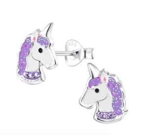 Детски сребърни обеци Лилав еднорог, тип винт | HappyMarket.bg Детски сребърни обеци Лилав еднорог, тип винт | Детски бижута