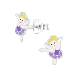 Детски сребърни обеци Лилава балерина, тип винт  |  Детски бижута