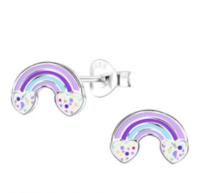 Детски сребърни обеци Лилава дъга, тип винт - Image 1