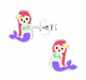 Детски сребърни обеци Лилава русалка, тип винт  |  Детски бижута