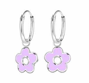 Детски сребърни обеци Лилаво цвете, тип халка