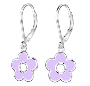 Детски сребърни обеци Лилаво цвете, тип лостче  |  Детски бижута