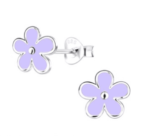 Детски сребърни обеци Лилаво цвете, тип винт