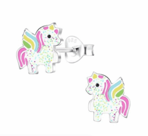 Детски сребърни обеци Еднорог, тип винт – приказен дизайн и безопасност