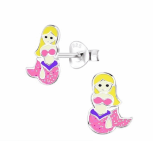 Детски сребърни обеци Приказна розова русалка, тип винт  |  Детски бижута