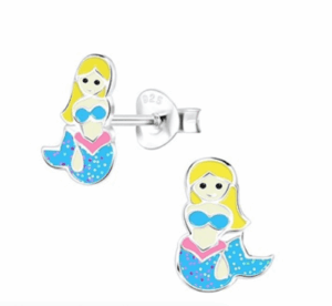 Детски сребърни обеци Приказна синя русалка, тип винт