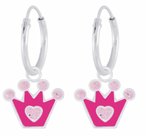 Детски сребърни обеци Розова корона, тип халка - Image 1