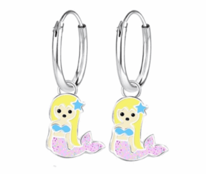 Детски сребърни обеци Розова русалка, тип халка
