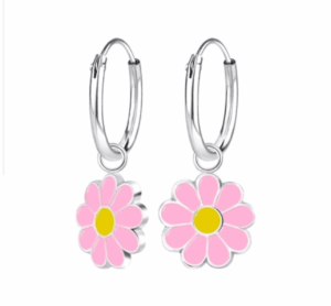 Детски сребърни обеци Розово цвете, тип халка  |  Детски бижута